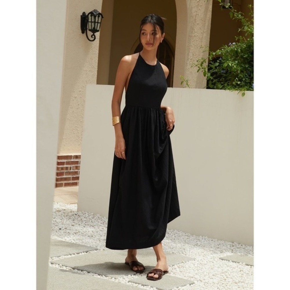 COMMENSE Solid Halter Black Cotton Linen Backless Maxi Dress Size M NWT - Picture 4 of 6